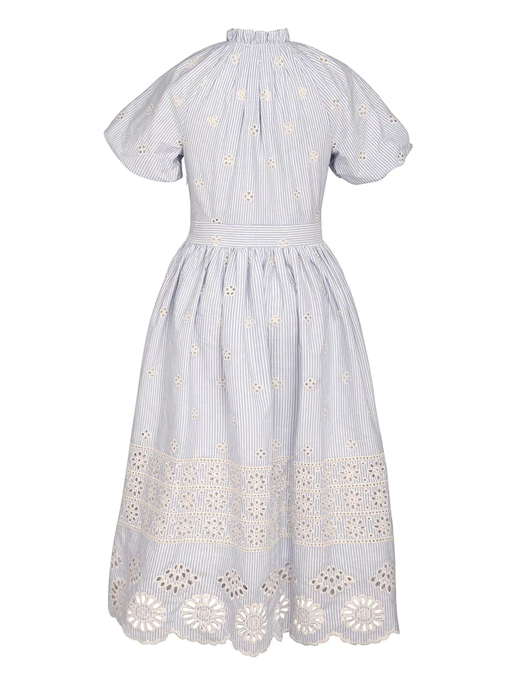 High Waist Big Swing Lace Collar Striped Dress