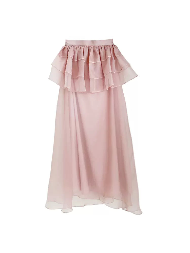 pink wasp waist pleated long skirt