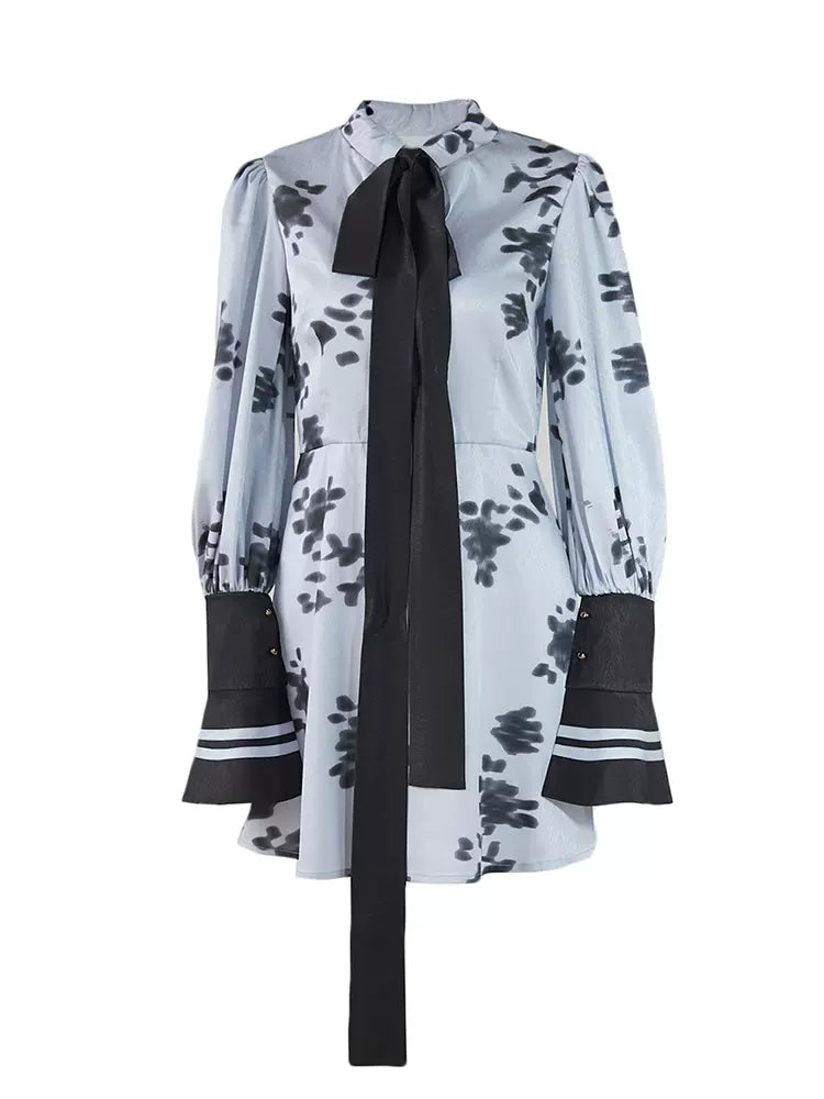 light blue ink print floating collar dress