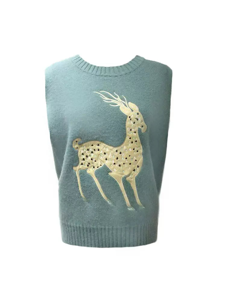 green deer decorated knitted vest sweater