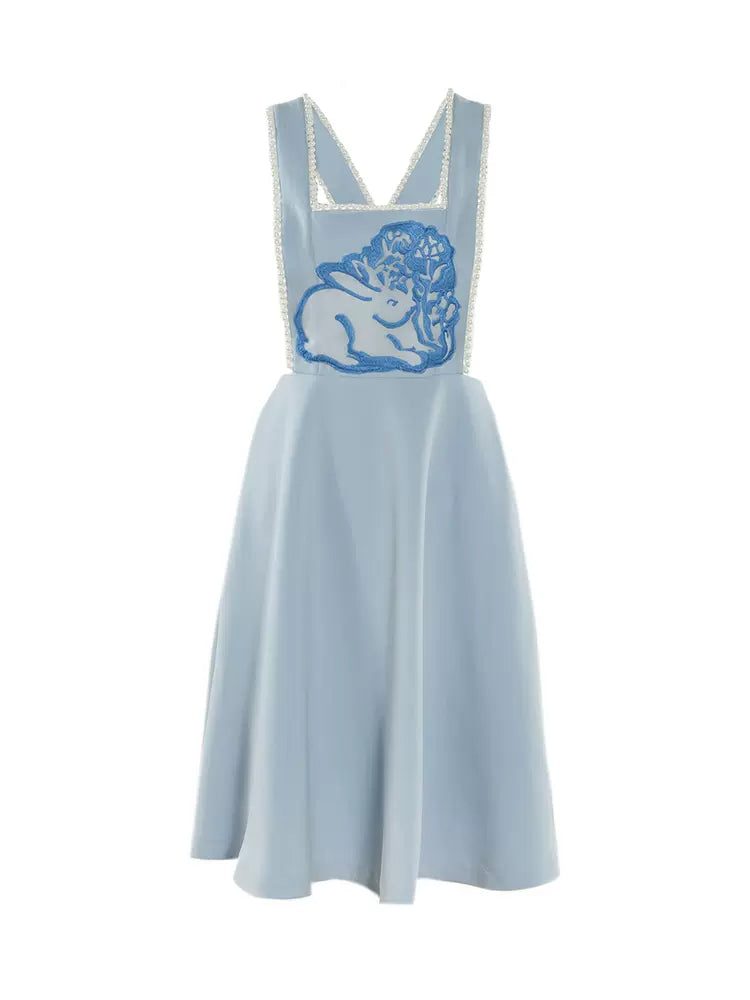 light blue rabbit embroidery suspender skirt