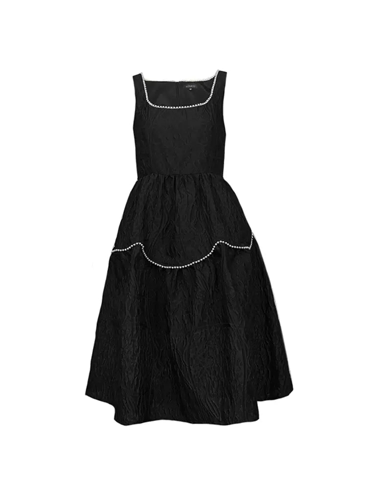 retro little black acquard pearl trim sleeveless dress