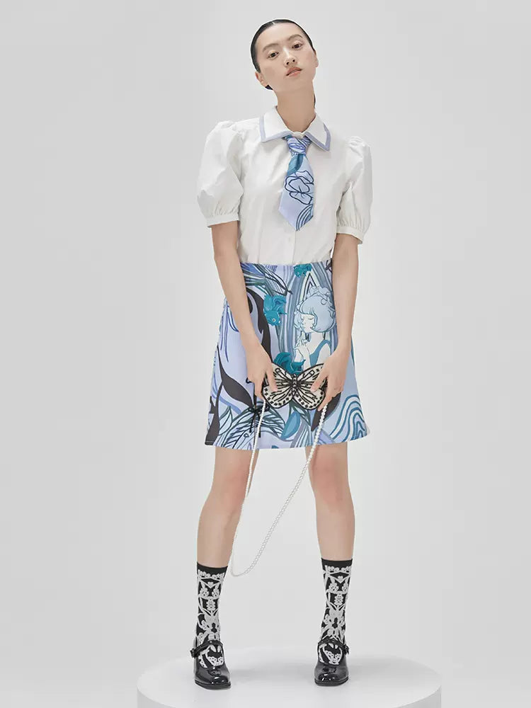 contrast puff short-sleeved white shirt