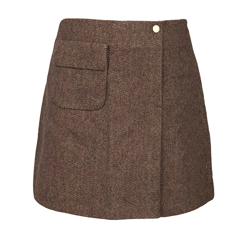 retro patch pocket decoration tweed skirt