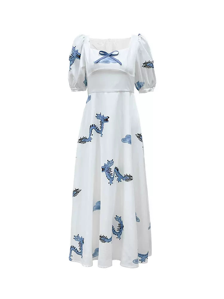 Blue Dragon Cloud Print Short Sleeve Long Dress