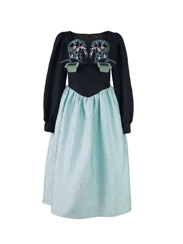 potted plant embroidery square collar dress