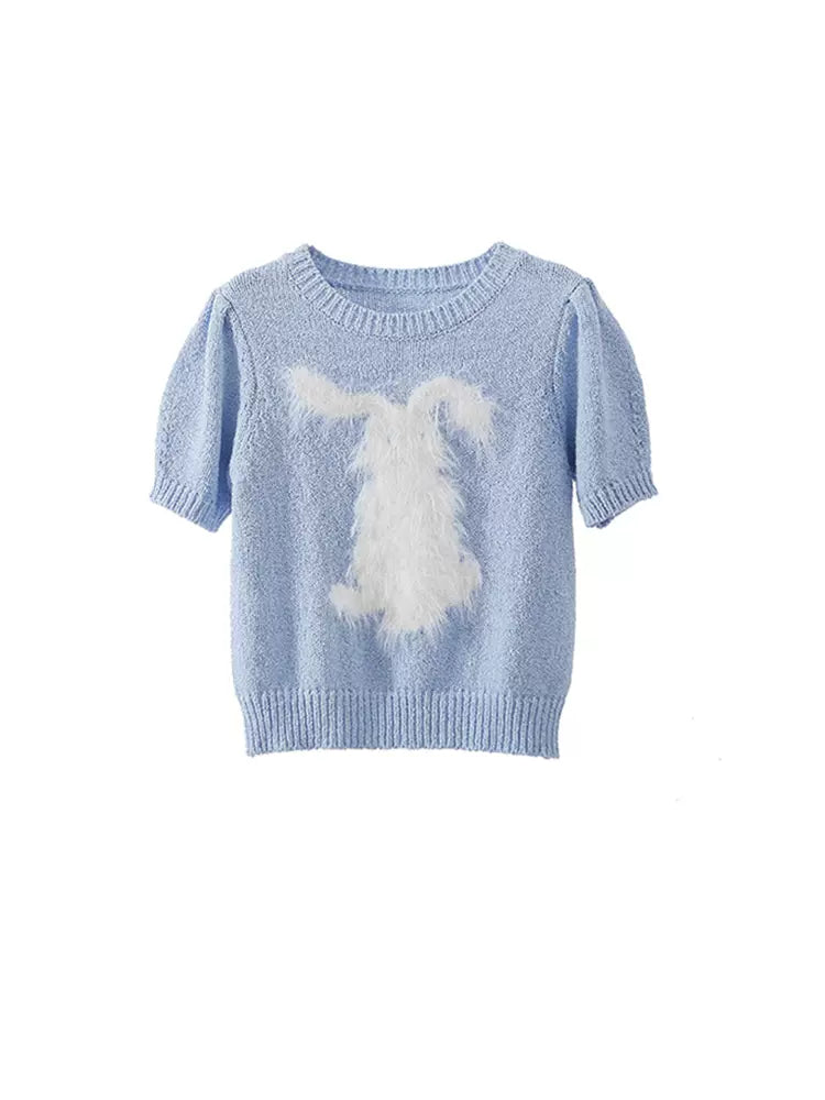 rabbit mink fur round neck short-sleeved knitted T-shirt