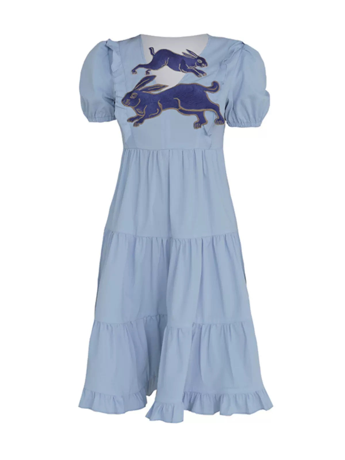 rabbit blue embroidered short-sleeved doll dress