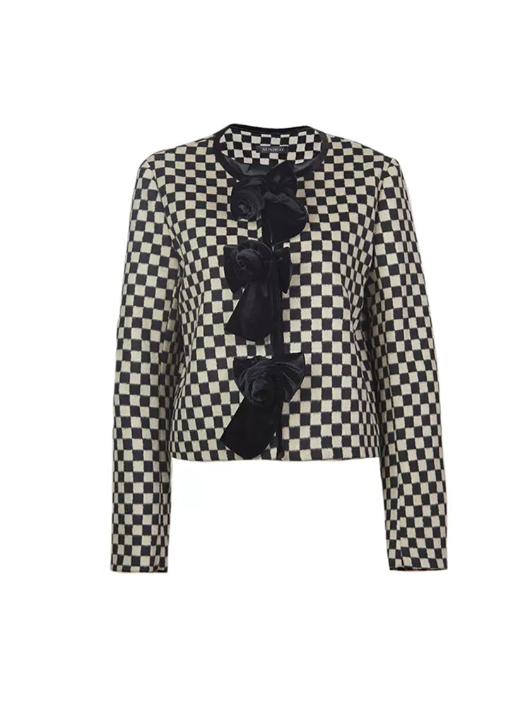 brown and black velvet bow short coat