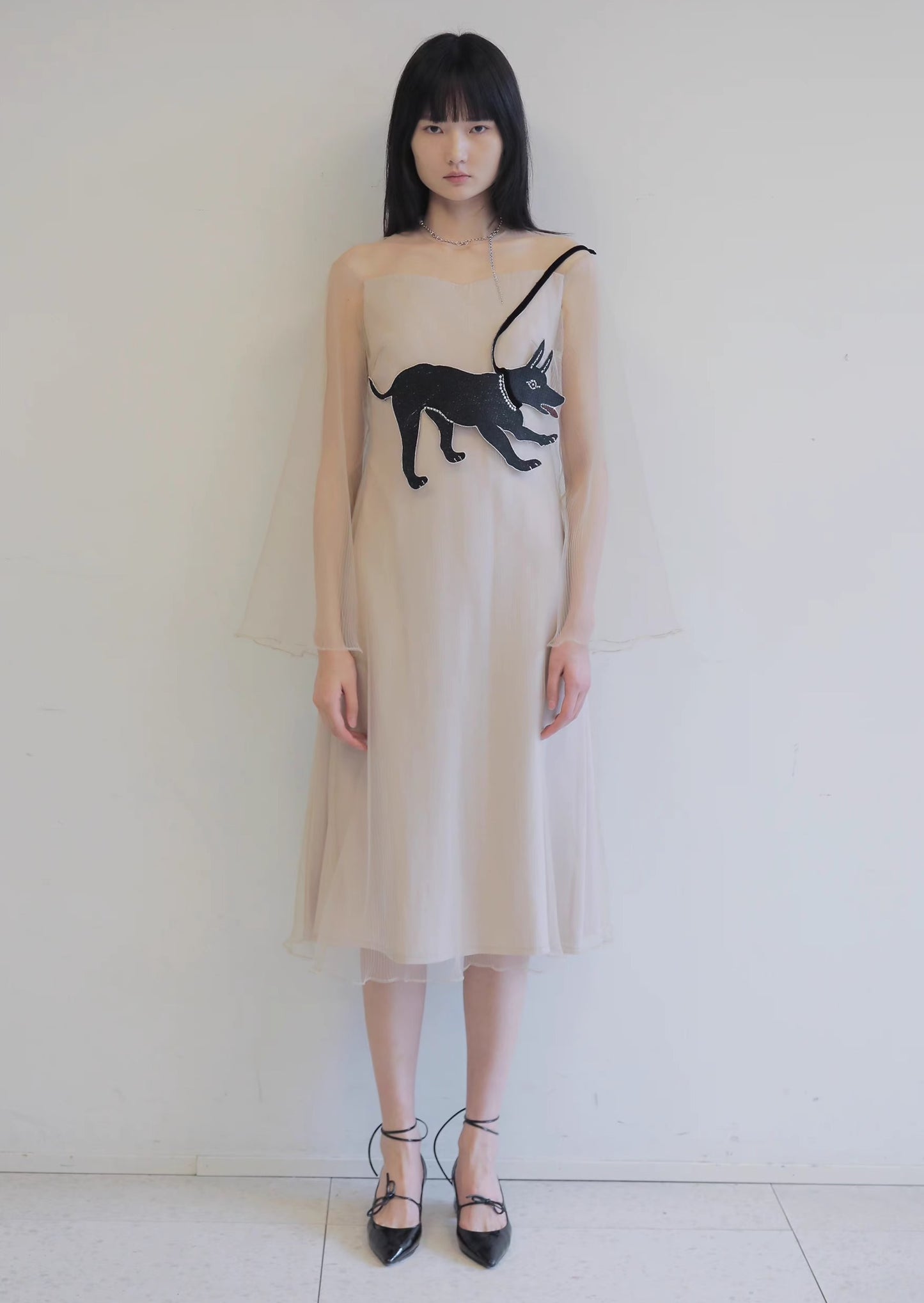 dog embroidered bell sleeve tulle dress