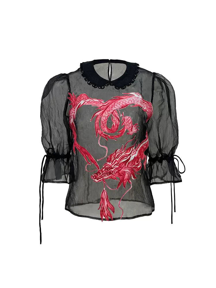 pink dragon see-through doll collar short-sleeved top