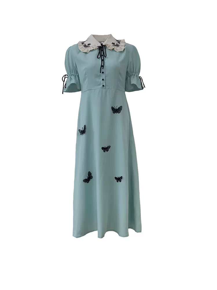 butterfly embroidered avocado green dress