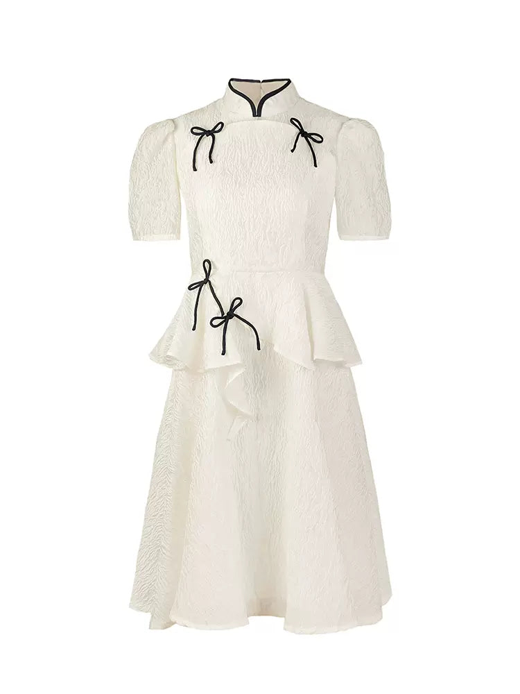 off-white jacquard bow P plate buckle stand collar dress