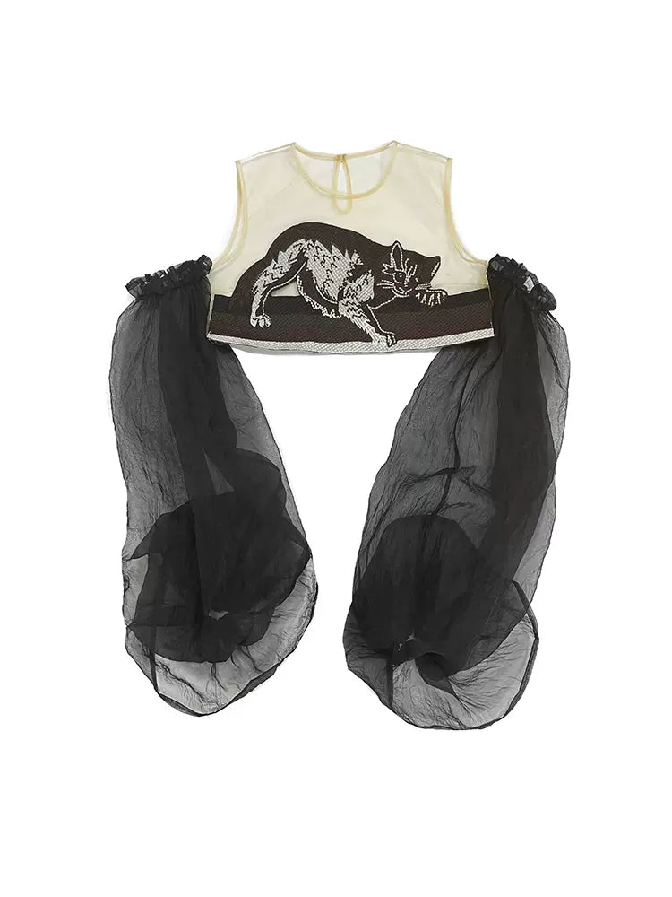 cat embroidered lantern sleeve top