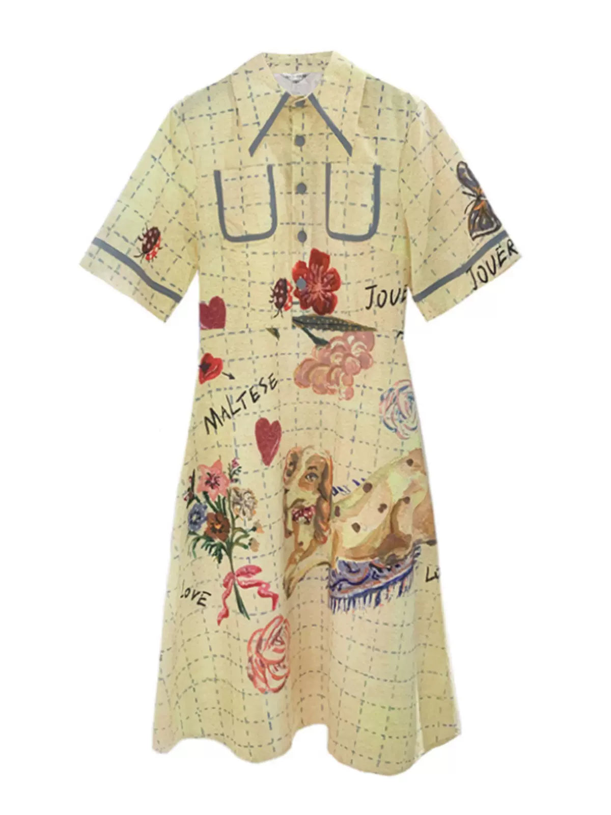 hand-painted dog flower mesh yellow dress