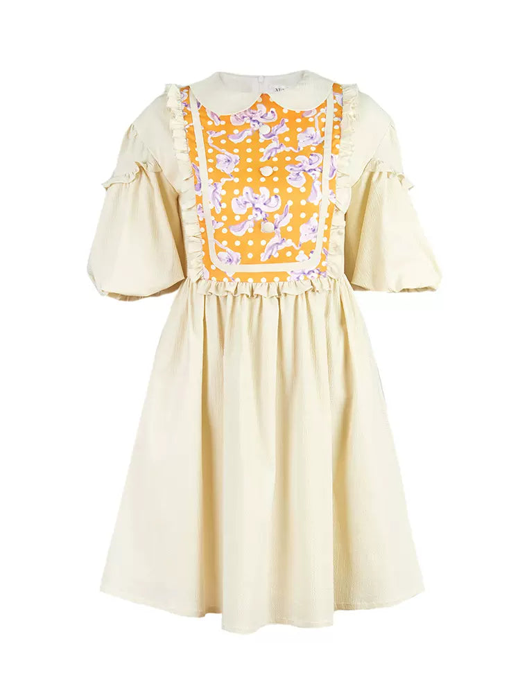 polka dot floral print puff sleeves dress