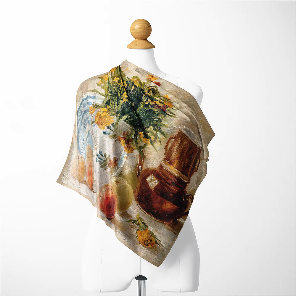 "Vase with flowers, coffee pot and fruit" scarf
