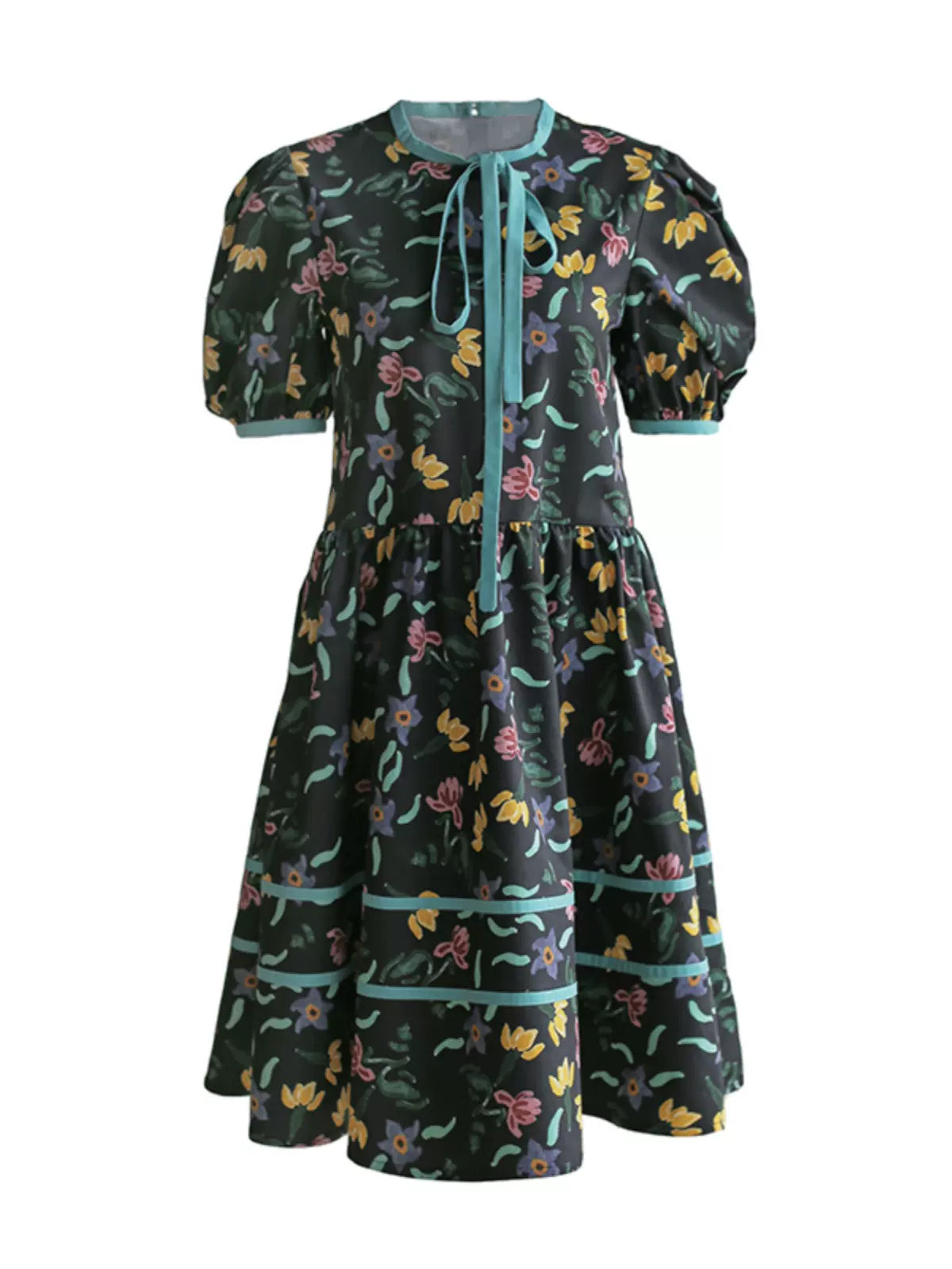 floral print lace-up puff sleeve dress