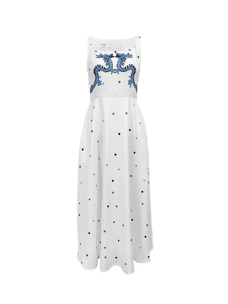 blue dragon polka dot print sleeveless dress