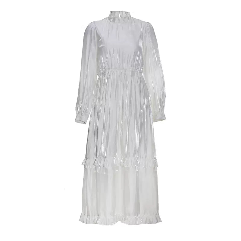 gold-white satin ruffled stand-collar dress