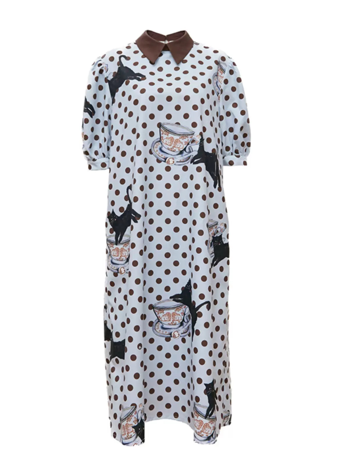 original tea cup cat print doll collar tie dress