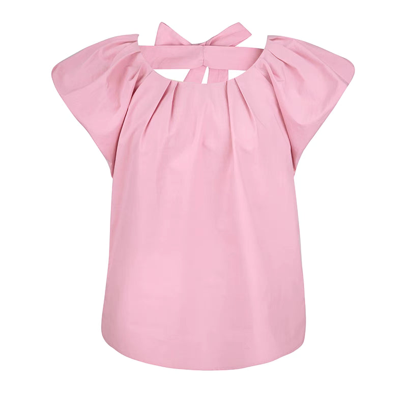 slim fit inverted decorative back bow low V-neck shirt