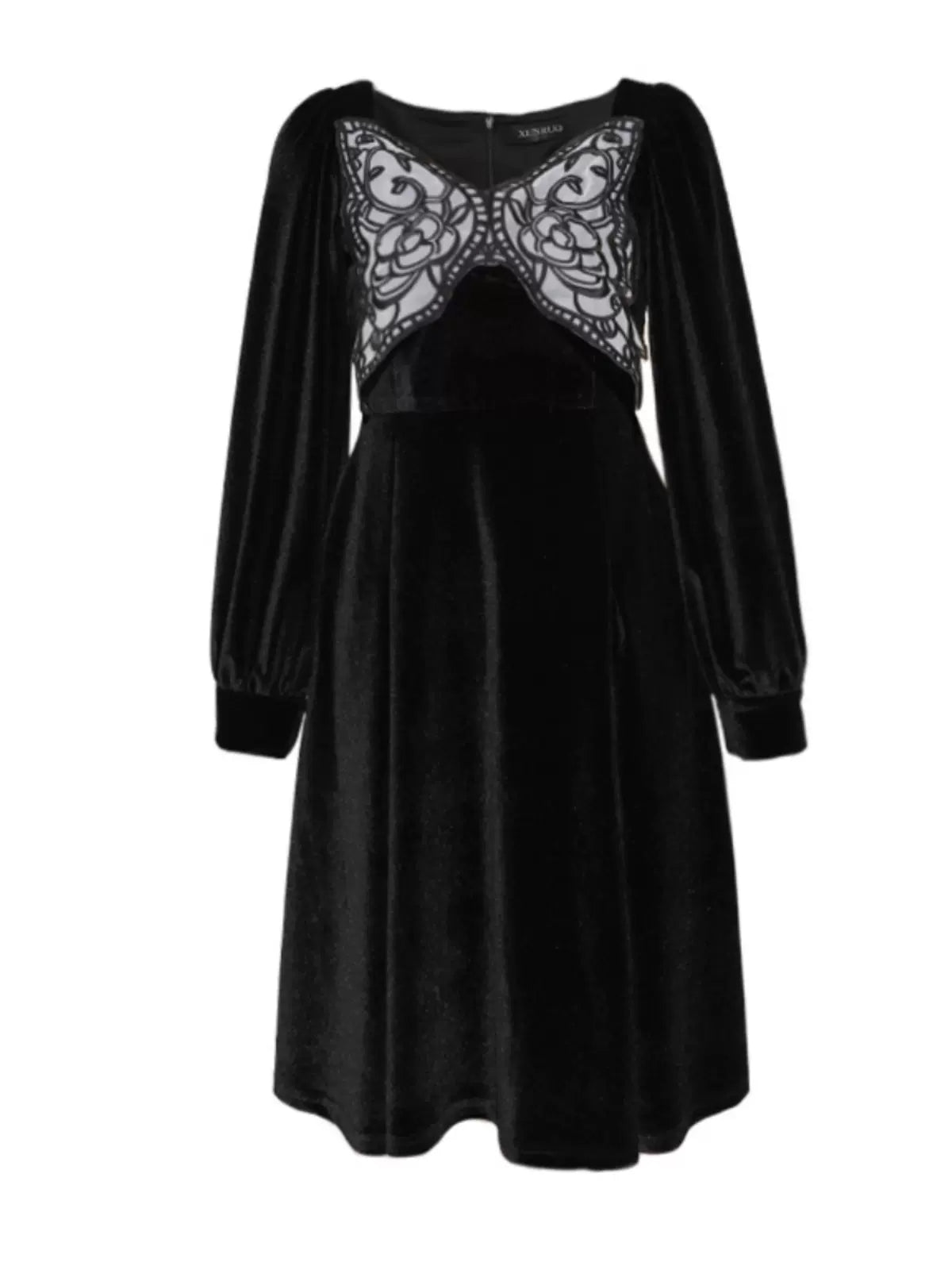 Square Neck Black Butterfly Velvet Long Sleeve Dress