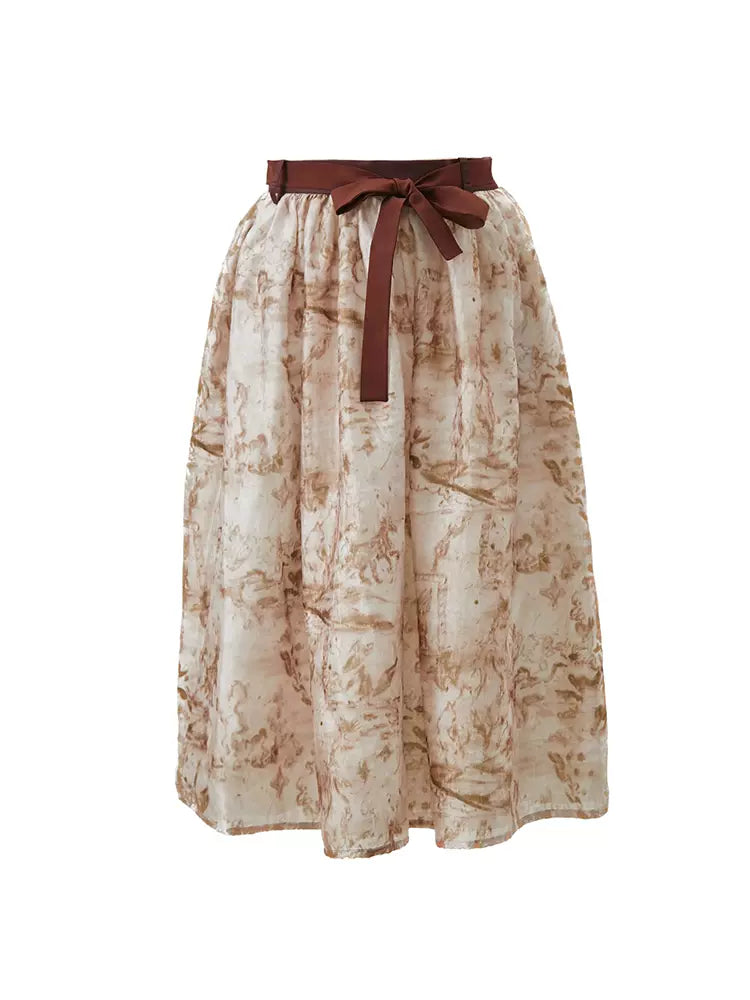 red and brown smudged lace skirt