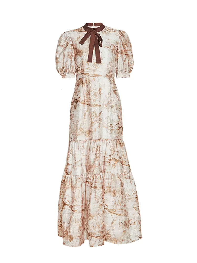 red and brown smudged print lace-up elegant long dress