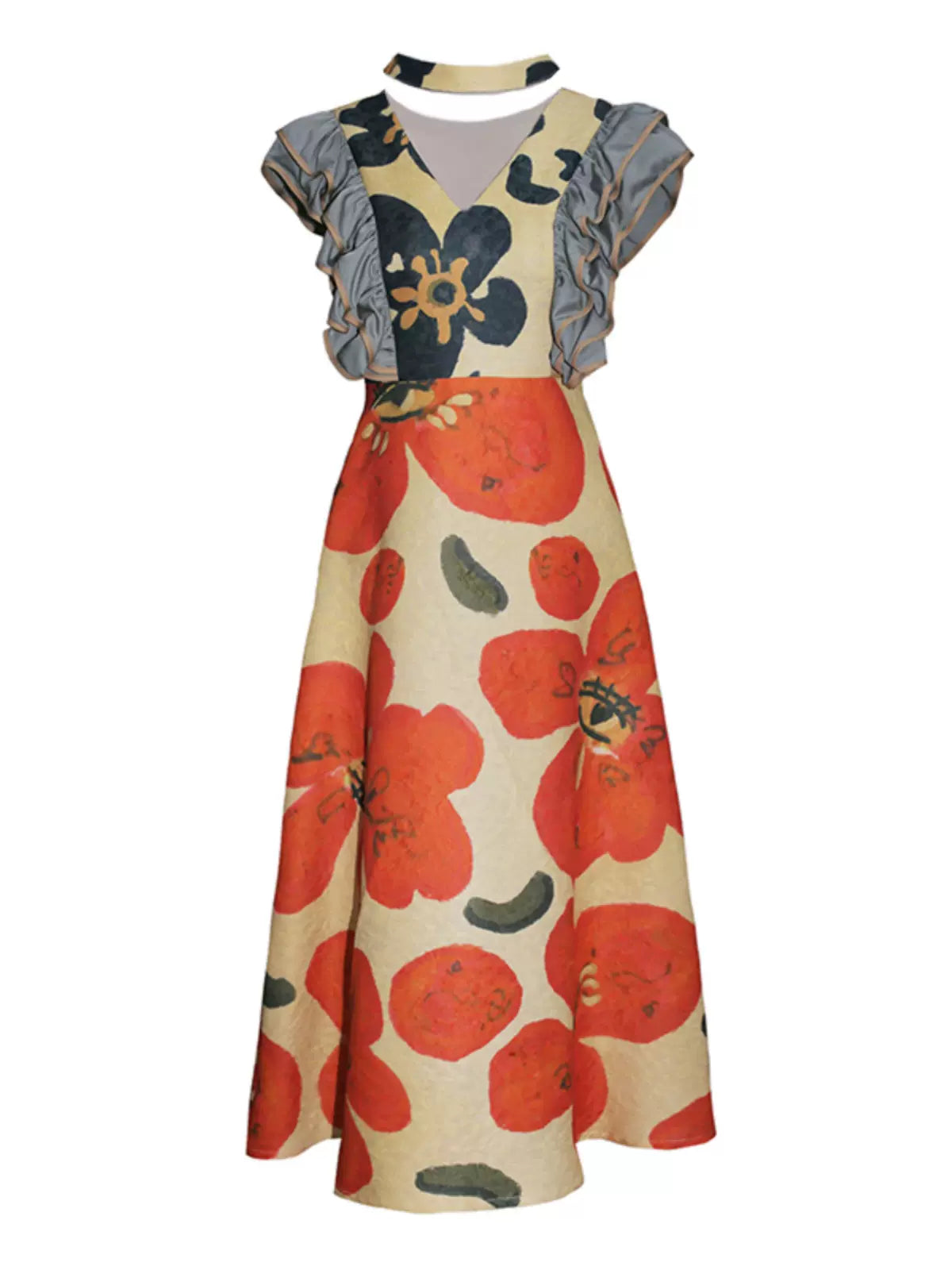 flower eye print collar and ear trimmed dress