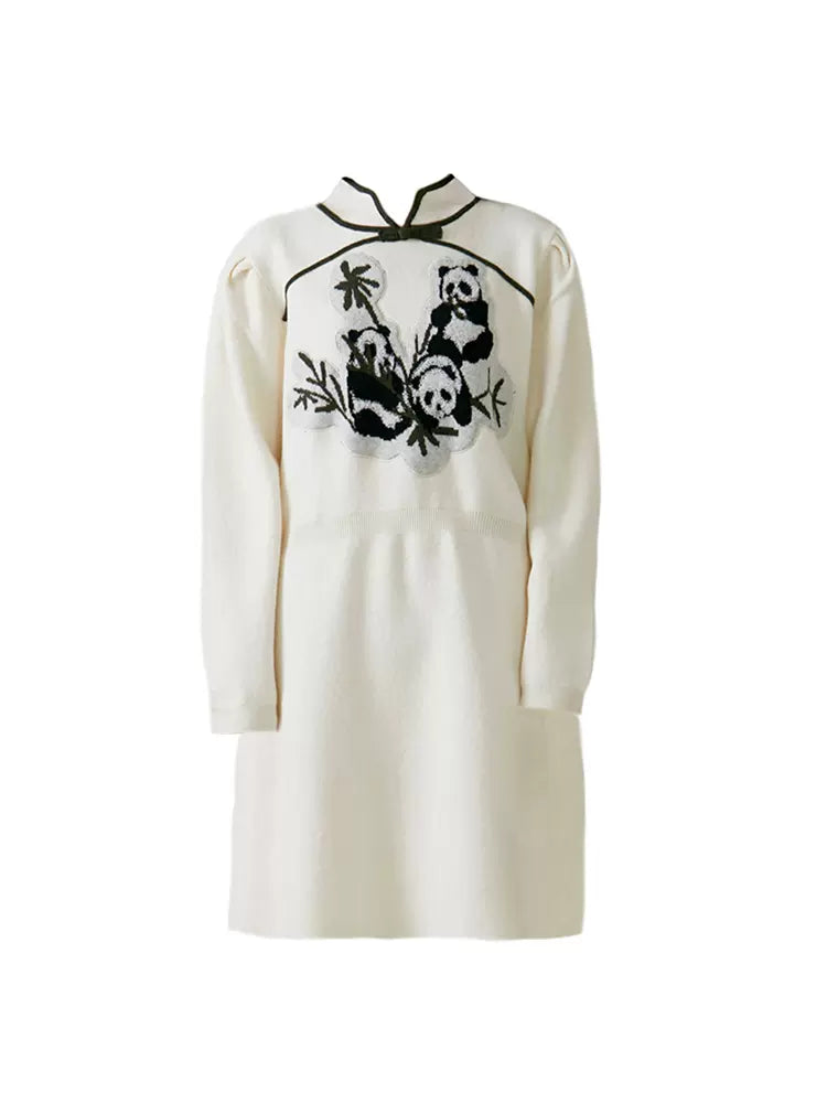 panda embroidered stand collar knitted dress