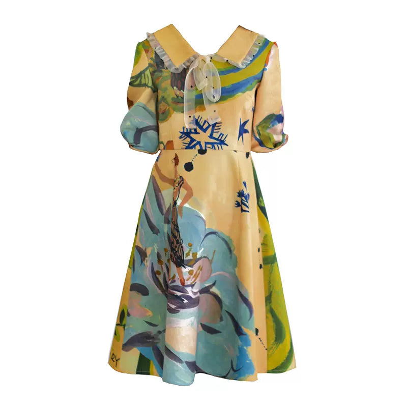 oil painting printed short-sleeved dress