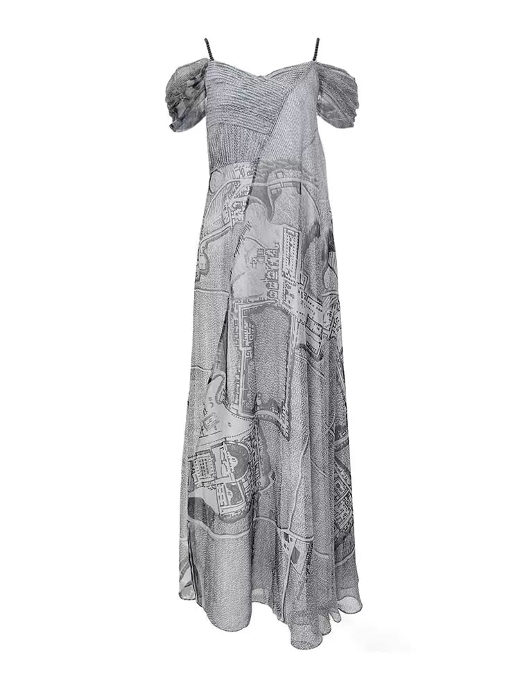 silver gray print splicing suspender dress