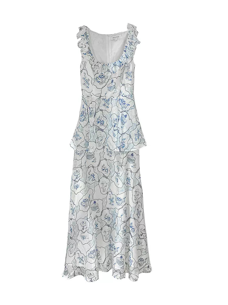 light blue hand-painted printed dress