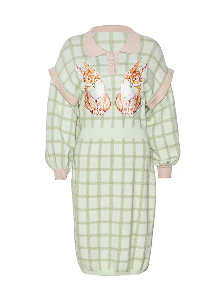 pink and green rabbit long-sleeved knitted dress