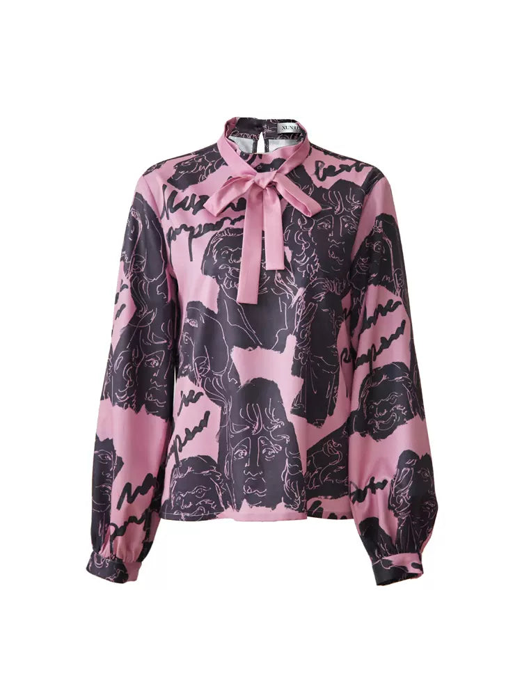 pink and ink portrait print bow shirt