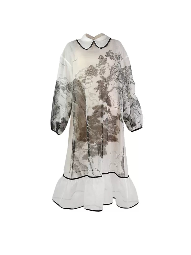 Chinese style original ink print doll collar dress