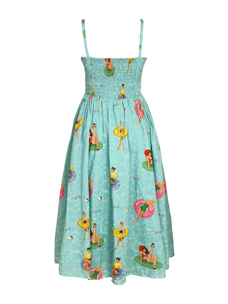 printed beauty elastic back aqua blue suspender dress