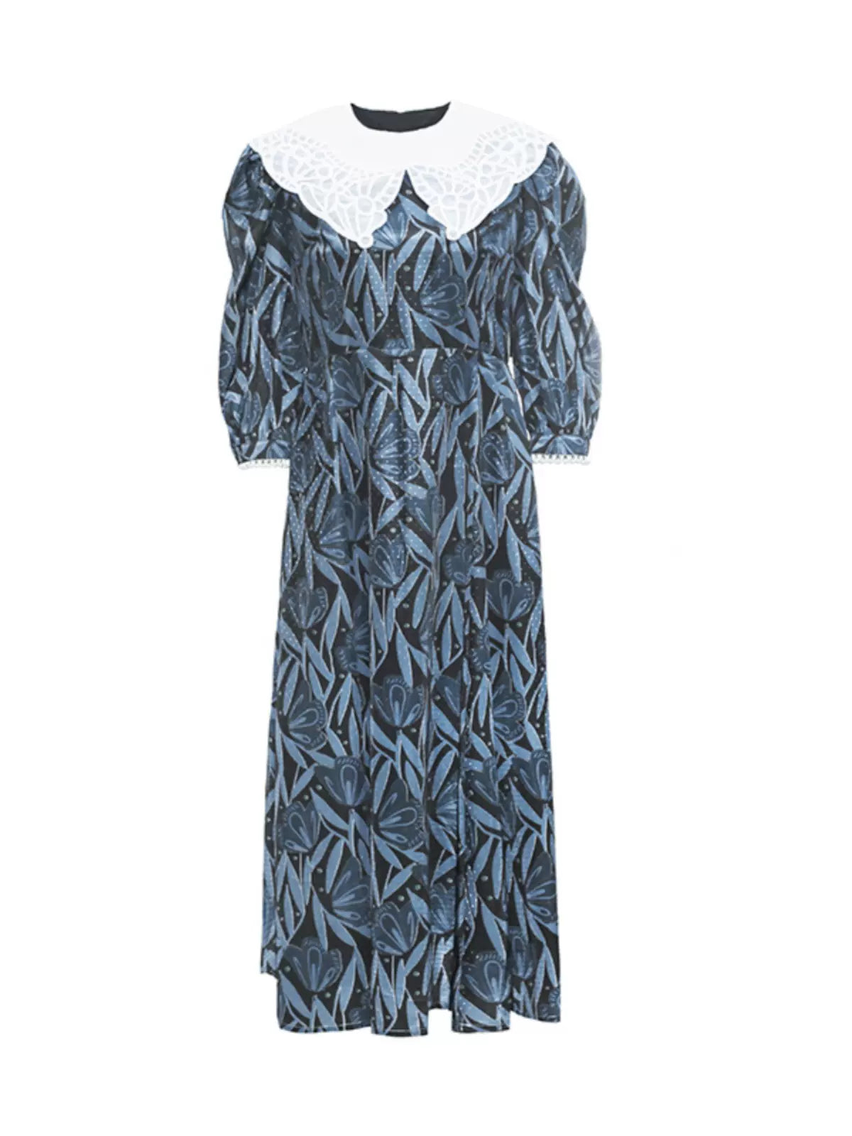 blue butterfly embroidered lapel dress