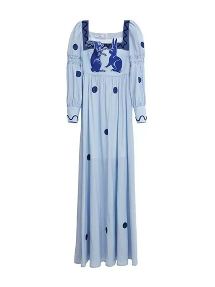 blue and white rabbit embroidery polka dot square collar dress