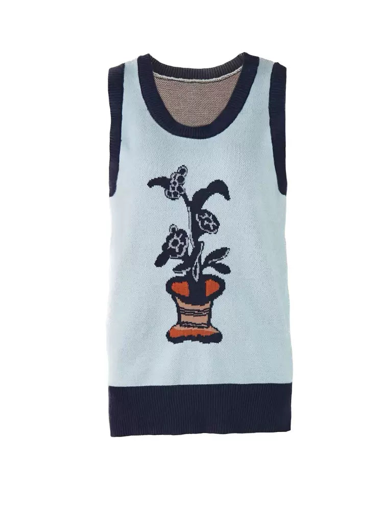 base light blue potted plant embroidery vest