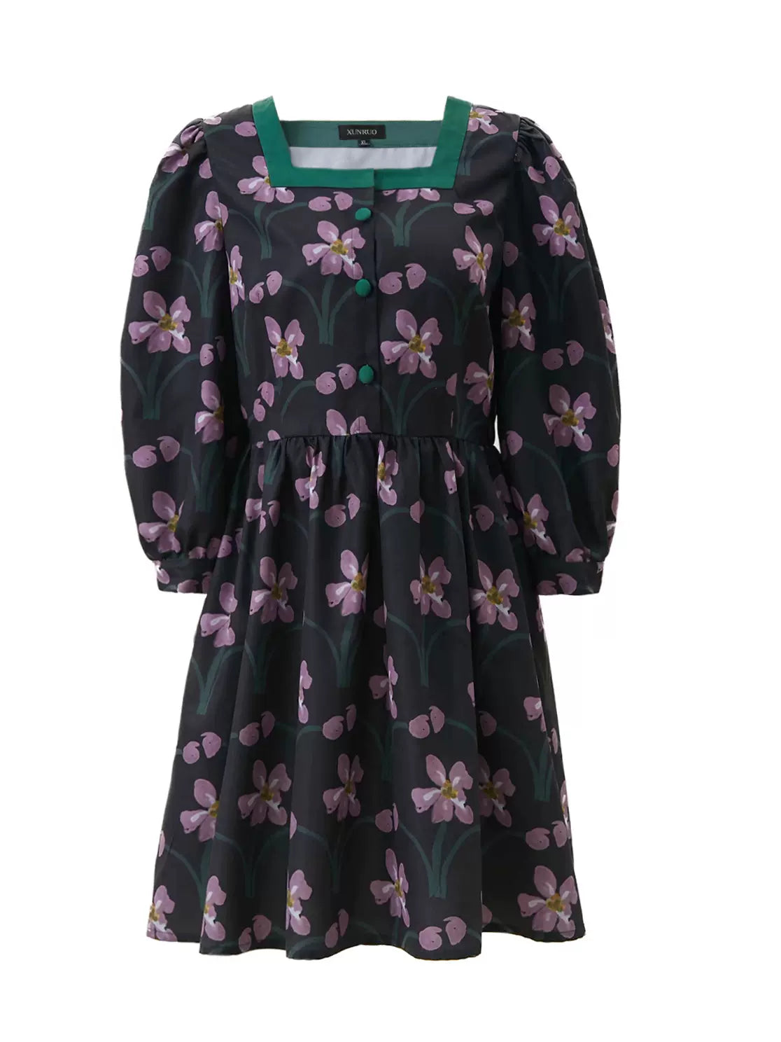 original pink and purple printed French square collar dress