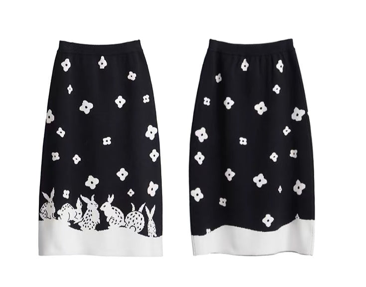 Rabbit jacquard elastic waist A-line woolen knitted skirt
