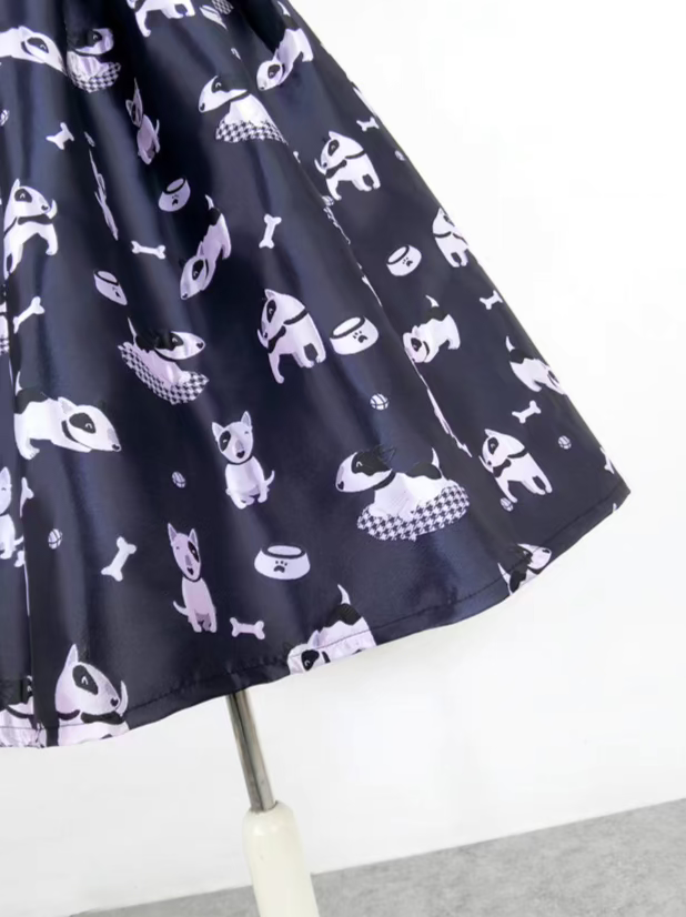 dog embroidered pockets high-waisted skirt