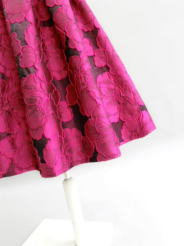 A-line rose red printed embroidered slimming puffy skirt