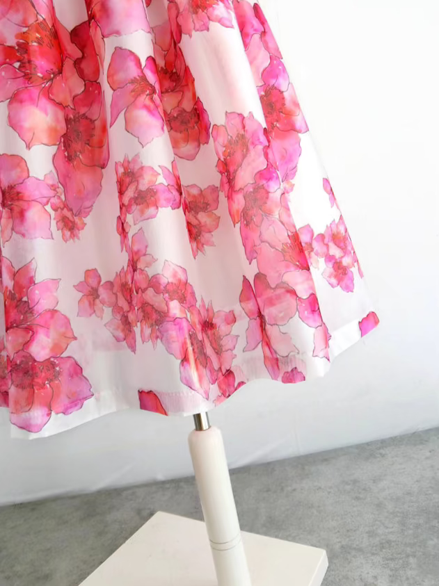 pink large flower high waist mid-length skirt