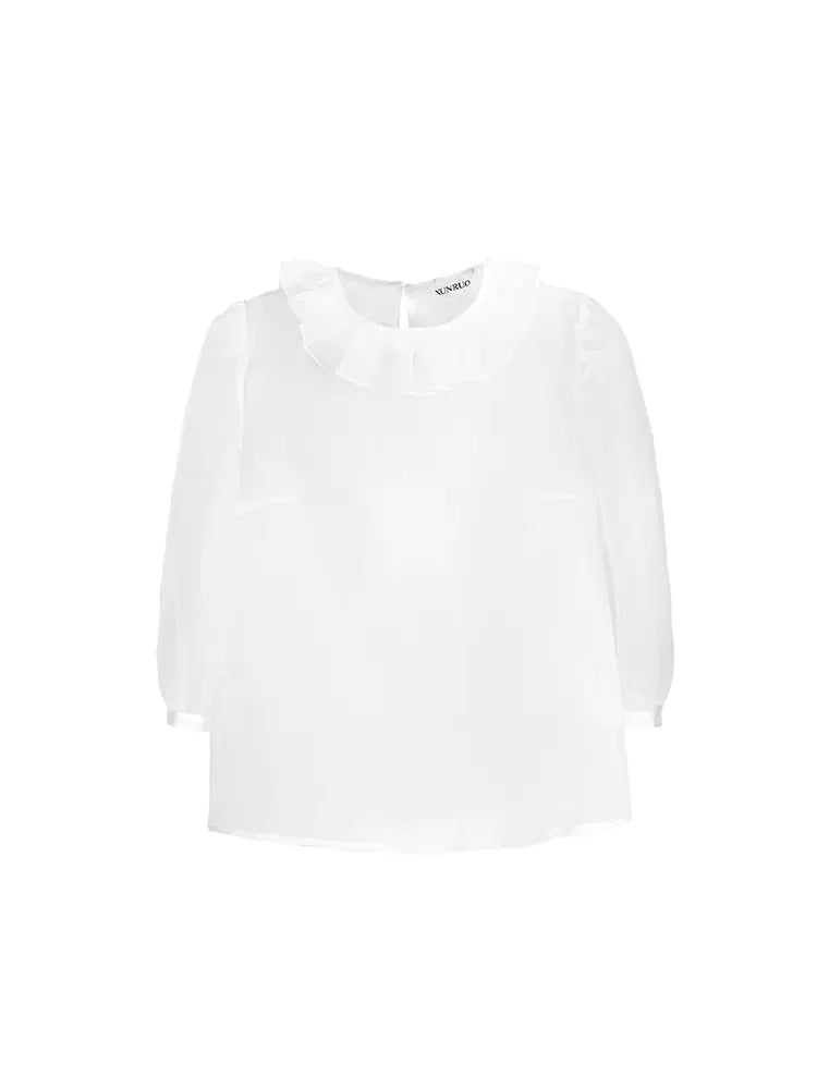 edge collar organza see-through puff sleeve top