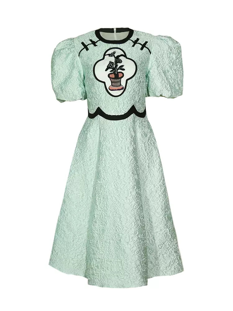green texture embroidered button dress