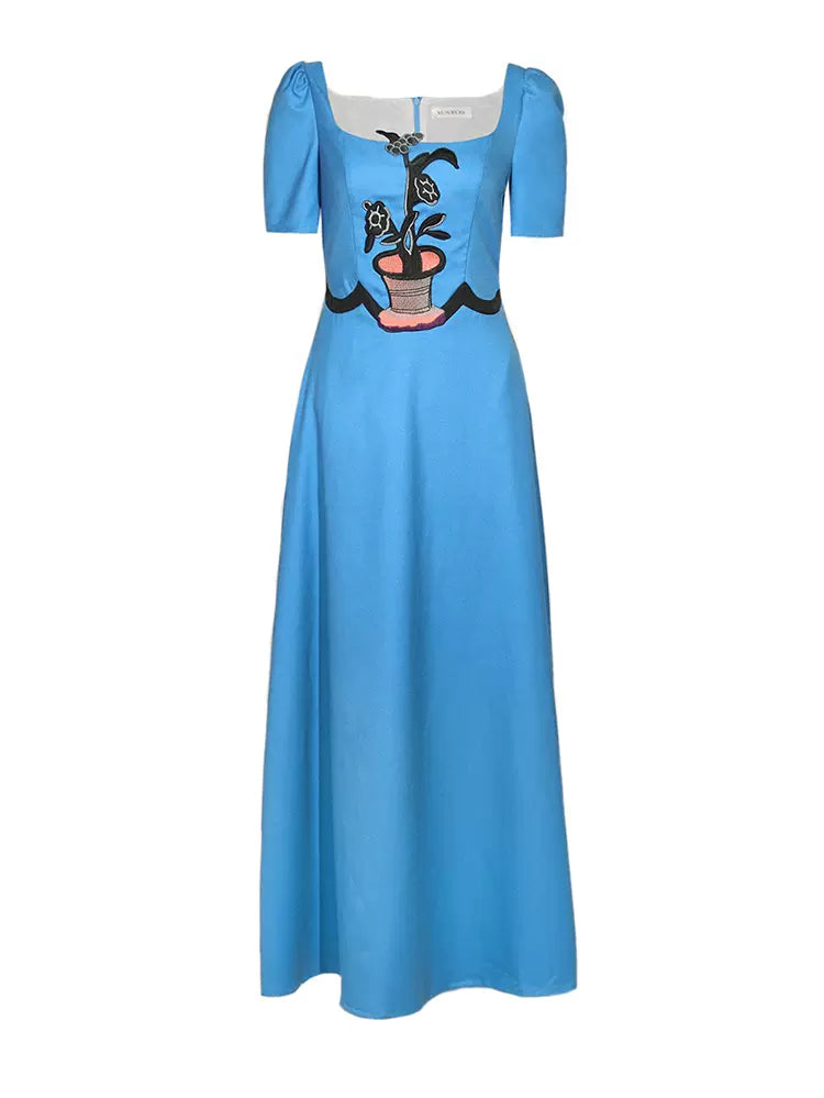 blue square collar long dress