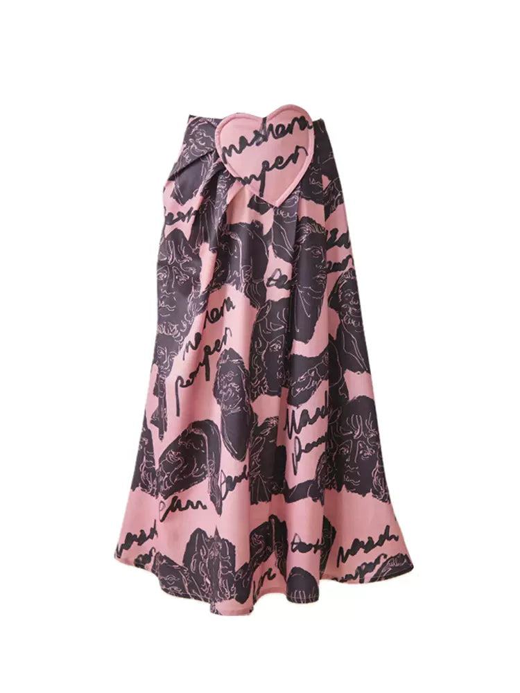 pink and ink portrait heart-shaped pleated long skirt